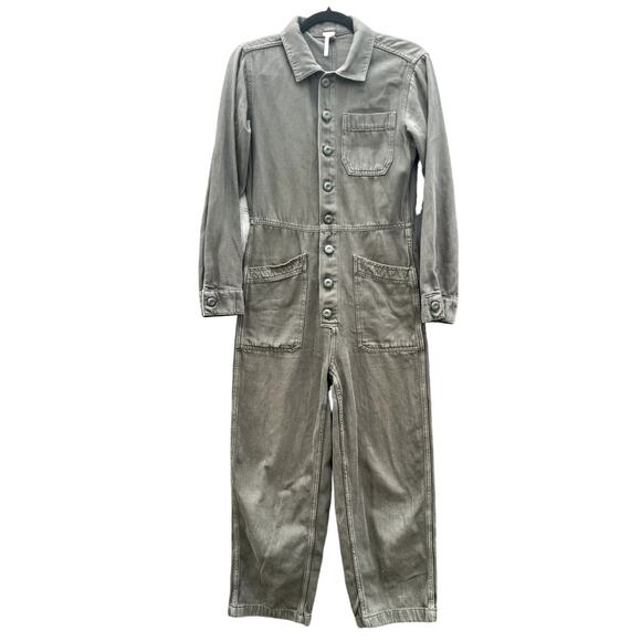 Free People | Gia Coverall Jumpsuit Cotton Utility Army Size XS - Picture 3 of 11